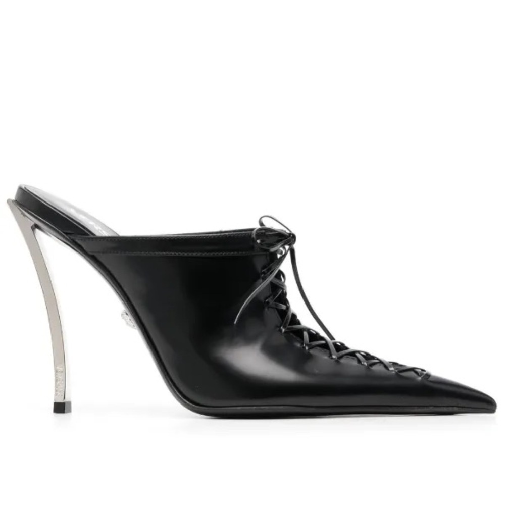 VERSACE 110mm lace-up leather pointed toe mule heels - Picture 2 of 16